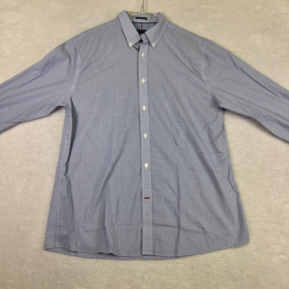 Tommy Hilfiger Mens Slim Fit Non-Iron Blue Micro Check Button Down Shirt 16.5 L